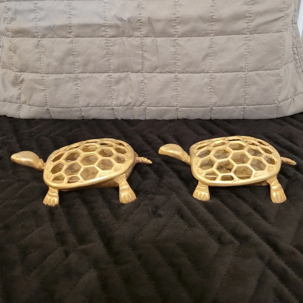 Vintage Brass Turtle Trinket Box Set (2pc) Honeycomb Lattice Shell Potpourri Fun